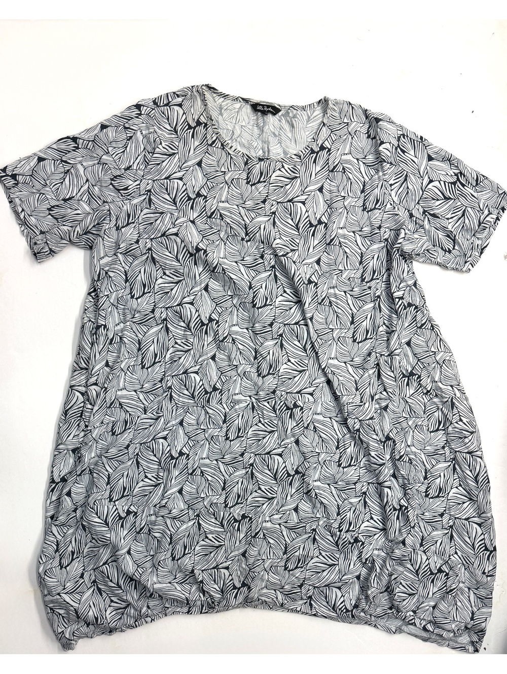 Ulla Popken Black White Leaf Print Linen Short Sleeve Tunic Dress Size 24/26